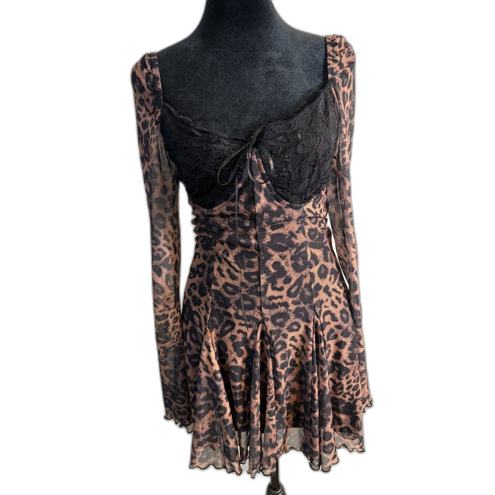 SHEIN Leopard Mesh Mini Dress — Black Lace Bustier, Bell Sleeves, Flared Hem